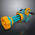 Blue and Yellow Mechanical Weapon With Futuristic Sci-Fi Wheel Handle And Pipes