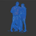 Group of Three Men With Dog Posing In Orange Red Blue Jackets On Grey Background