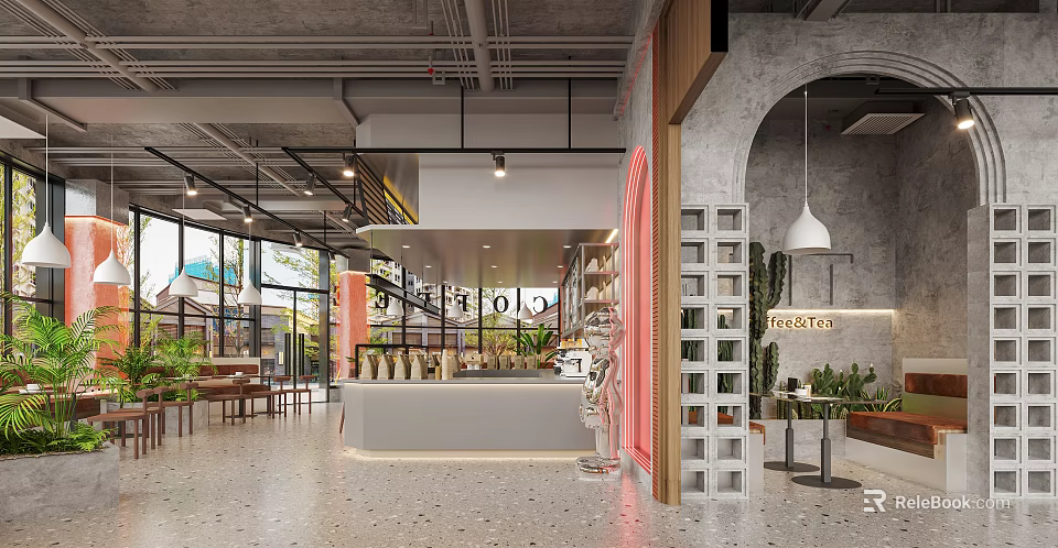 Modern Dessert Shop Interior With Open Layout Counter And Greenery 3d model 