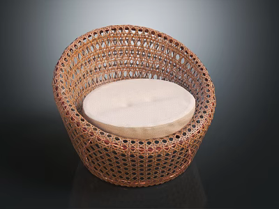 Rattan Leisure Chair with Round Woven Design and Light Colored Cushion for Comfortable Home Seating 3d model