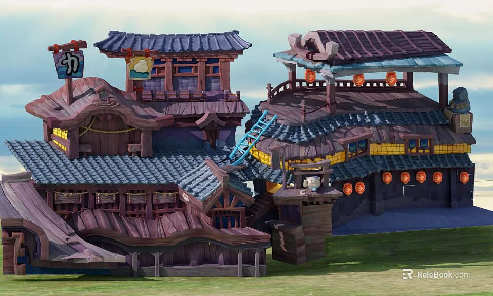 Cartoon Scene Of Traditional Wooden Buildings With Multiple Floors Rooftops Ladders And Hanging Lanterns 3d model 