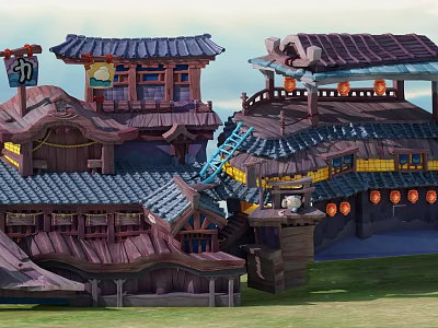 Cartoon Scene Of Traditional Wooden Buildings With Multiple Floors Rooftops Ladders And Hanging Lanterns 3d model