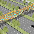 Colorful Glass Roof Curved Pedestrian Overpass With Staircase Trees And Vehicles