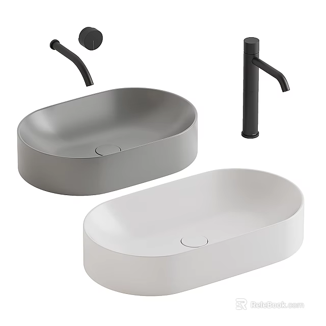 Modern Oval Washbasin With Grey And White Colors And Black Faucet Design 3d model 
