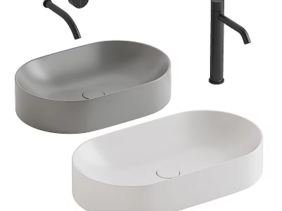 Modern Oval Washbasin With Grey And White Colors And Black Faucet Design 3d model