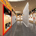 Traditional Exhibition Hall Interior With Wooden Ceiling Display Platforms And Chinese Signage