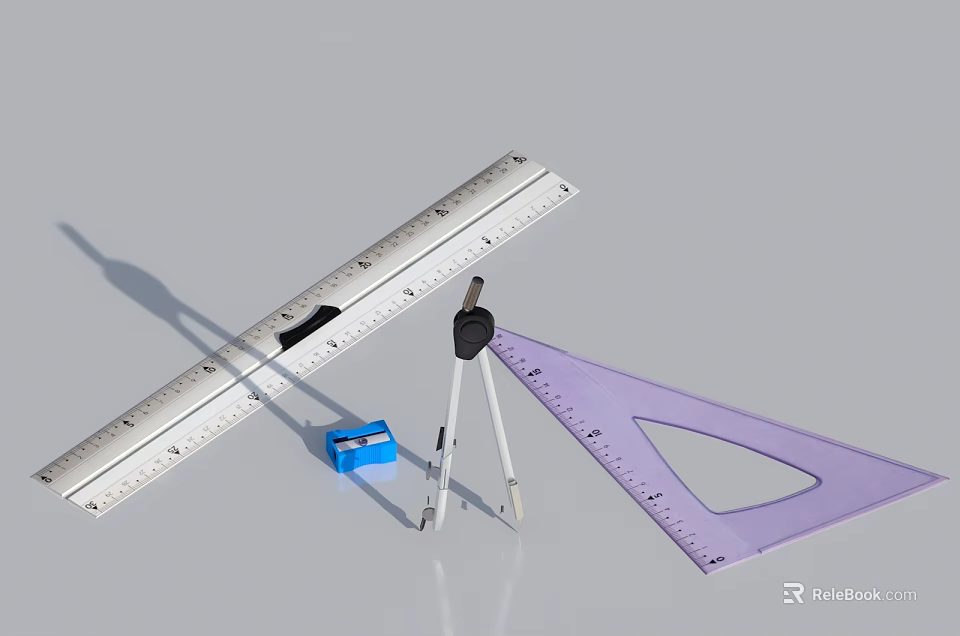 Essential School Stationery Set With Ruler Compass Protractor And Eraser 3d model 