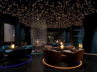 Stylish Bar Interior With String Lights Ceiling Glass Block Wall And Circular Neon Lights 3d model