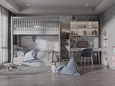 Children's Room Design Featuring Gray Bunk Bed Map Wallpaper Desk Bookshelf And Toys 3d model