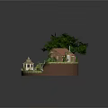 Charming Log Cabin Surrounded By Large Tree Small Shed Pond Stones And Flowers
