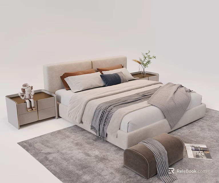 Double Bed with Soft Pillows Striped Blanket Nightstands Plant and Ottoman on Gray Rug 3d model 