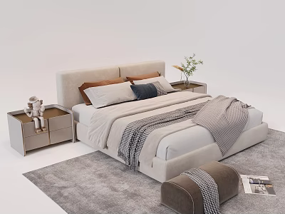 Double Bed with Soft Pillows Striped Blanket Nightstands Plant and Ottoman on Gray Rug 3d model