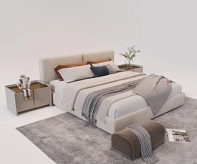 Double Bed with Soft Pillows Striped Blanket Nightstands Plant and Ottoman on Gray Rug 3d model