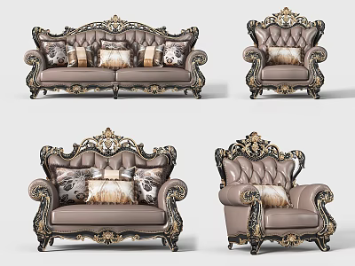 Classic Sofa Set With Ornate Gold Carvings Multiple Decorative Cushions And Matching Armchairs 3d model