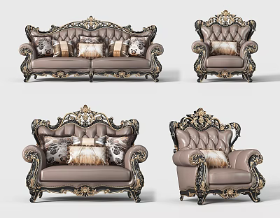 Classic Sofa Set With Ornate Gold Carvings Multiple Decorative Cushions And Matching Armchairs 3d model