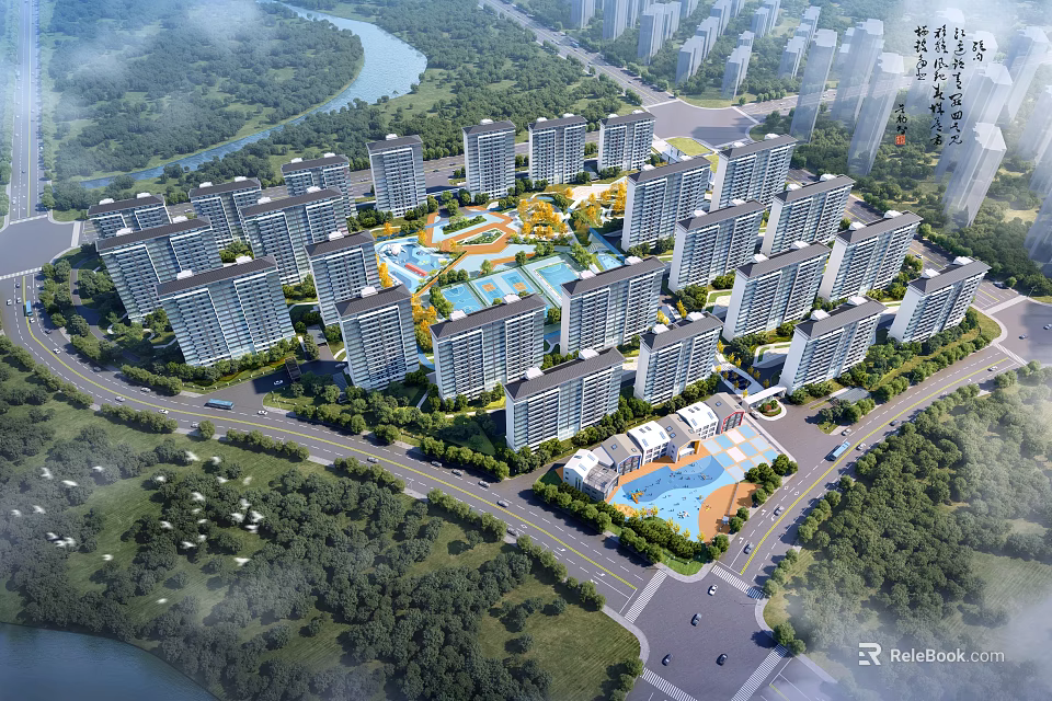 Aerial View of Residential Master Plan with High-Rise Buildings Green Spaces Swimming Pools and River 3d model 