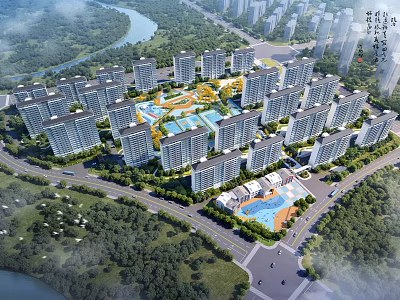 Aerial View of Residential Master Plan with High-Rise Buildings Green Spaces Swimming Pools and River 3d model