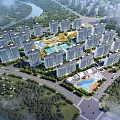 Aerial View of Residential Master Plan with High-Rise Buildings Green Spaces Swimming Pools and River