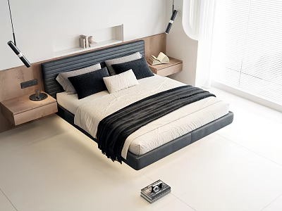 Modern Double Bed with Wooden Grey Headboard Black White Pillows Striped Blanket in Bright Bedroom 3d model