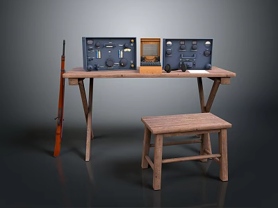 Wooden Stool Next To Vintage Control Panels On Wooden Table With Rifle 3d model