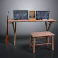 Wooden Stool Next To Vintage Control Panels On Wooden Table With Rifle