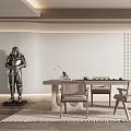 Modern Tea Room Interior With Wooden Table Chairs Samurai Armor Statue And Lattice Wall