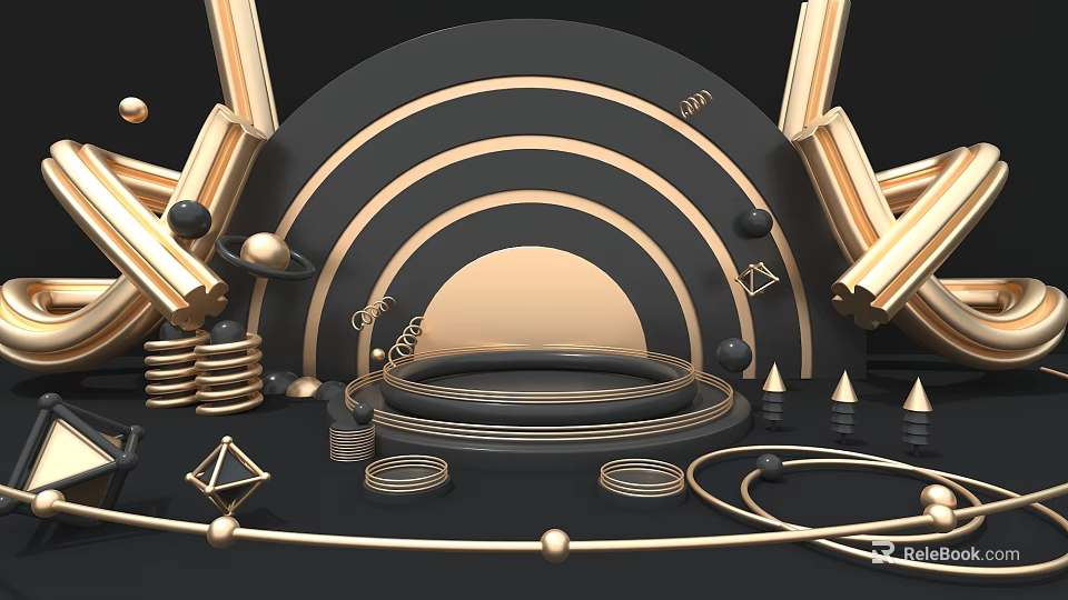 Modern Luxury Decorative Display With Golden Black Geometric Circular Arched Metallic Elements 3d model 