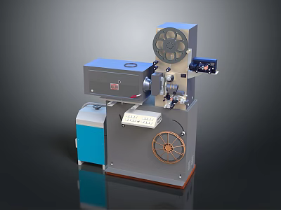 Industrial Machine With Reel Control Panel Wheel And Gray Blue Mechanical Structure Design 3d model