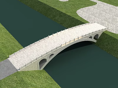 Stone Arch Bridge Landscape Over Water With Green Grass And Stone Path 3d model