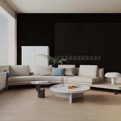 Modern Living Room Three-Seater Sofa With Pillows Coffee Table And Plant 3d model