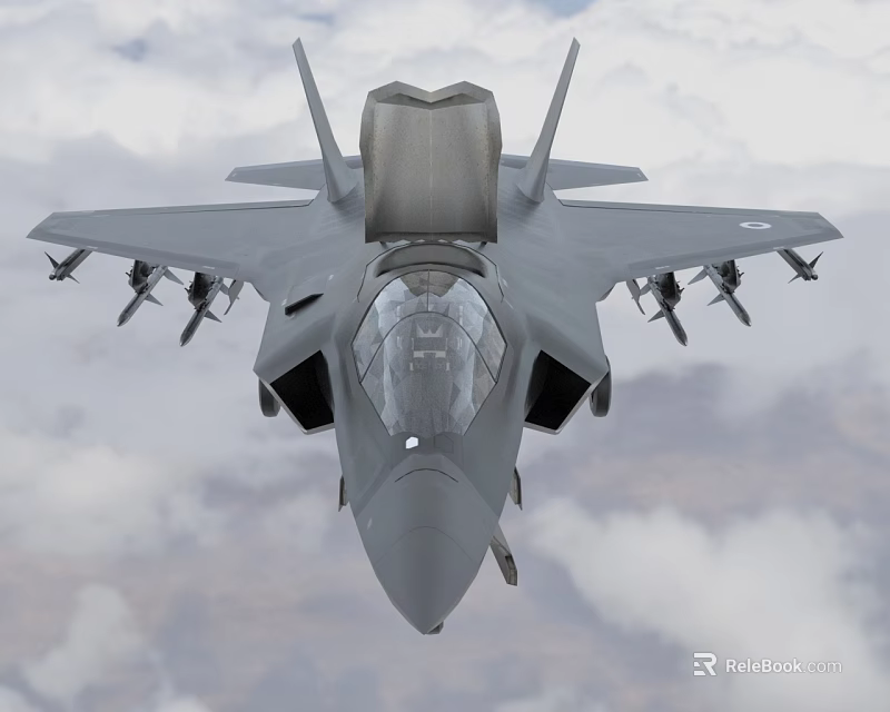 Modern Gray Fighter Jet in Flight Front View with Mounted Weapons and Cloudy Sky 3d model 