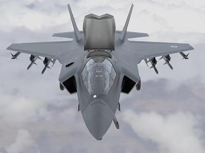 Modern Gray Fighter Jet in Flight Front View with Mounted Weapons and Cloudy Sky 3d model