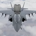 Modern Gray Fighter Jet in Flight Front View with Mounted Weapons and Cloudy Sky 3d model