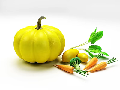 Fresh Yellow Pumpkin with Small Tomatoes Carrots Broccoli and Green Leaves 3d model