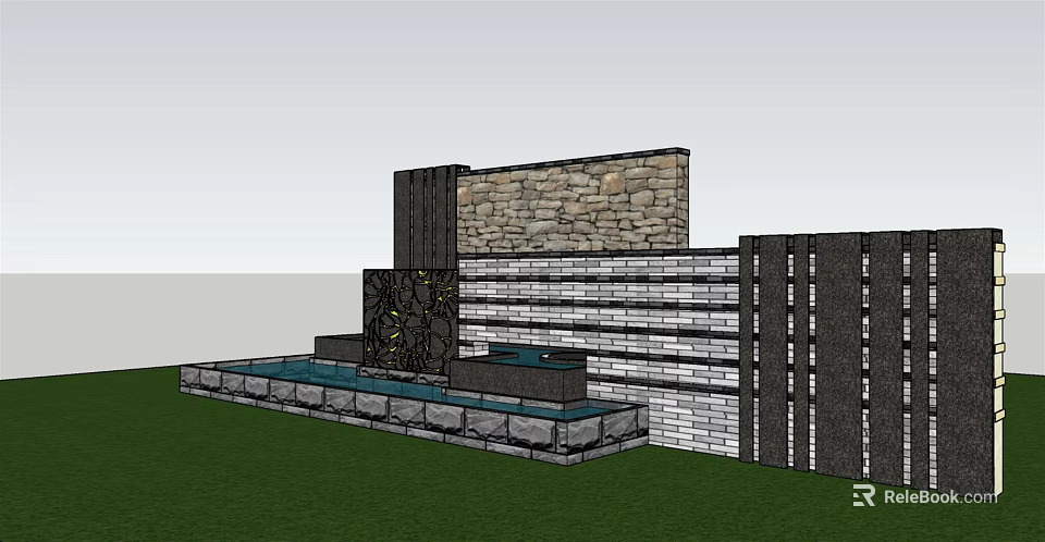 Modern Outdoor Feature Wall With Stone Panels Striped Structure And Water Element 3d model