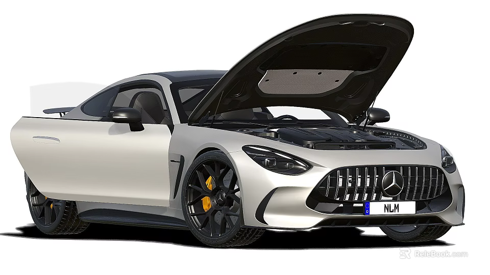Mercedes Silver Sports Car With Open Hood Black Wheels And Yellow Brake Calipers 3d model 