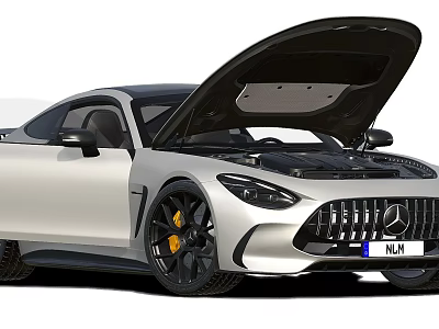 Mercedes Silver Sports Car With Open Hood Black Wheels And Yellow Brake Calipers 3d model
