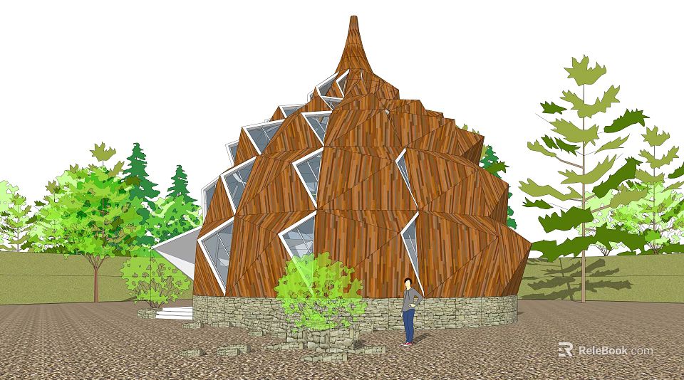 Unique Wooden Building Structure Featuring Geometric Windows Amidst Greenery And Stone Base 3d model