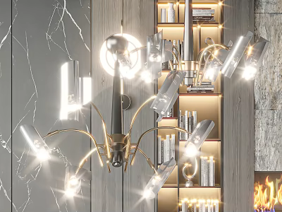 Modern Elegant Metal Chandelier Lighting Design For Interior With Bookshelf Decor 3d model