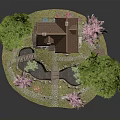 Charming Cartoon Scene Featuring Cute Cottage Colorful Trees Pink Flowers And White Picket Fence