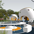 Modern Children's Playground With White Curved Structures Colorful Dots Slides And Greenery