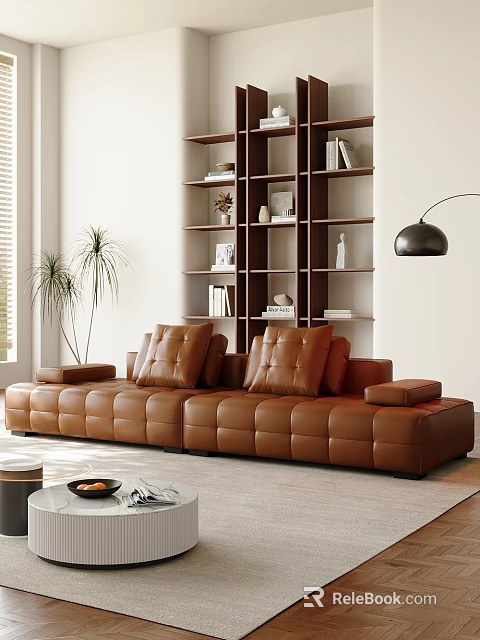 Modern Leather Sofa Coffee Table Set In Bright Living Room With Bookshelf And Floor Lamp 3d model 