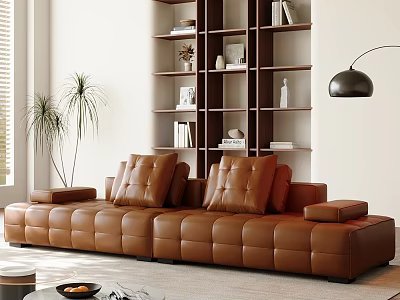 Modern Leather Sofa Coffee Table Set In Bright Living Room With Bookshelf And Floor Lamp 3d model