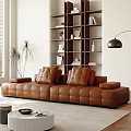 Modern Leather Sofa Coffee Table Set In Bright Living Room With Bookshelf And Floor Lamp