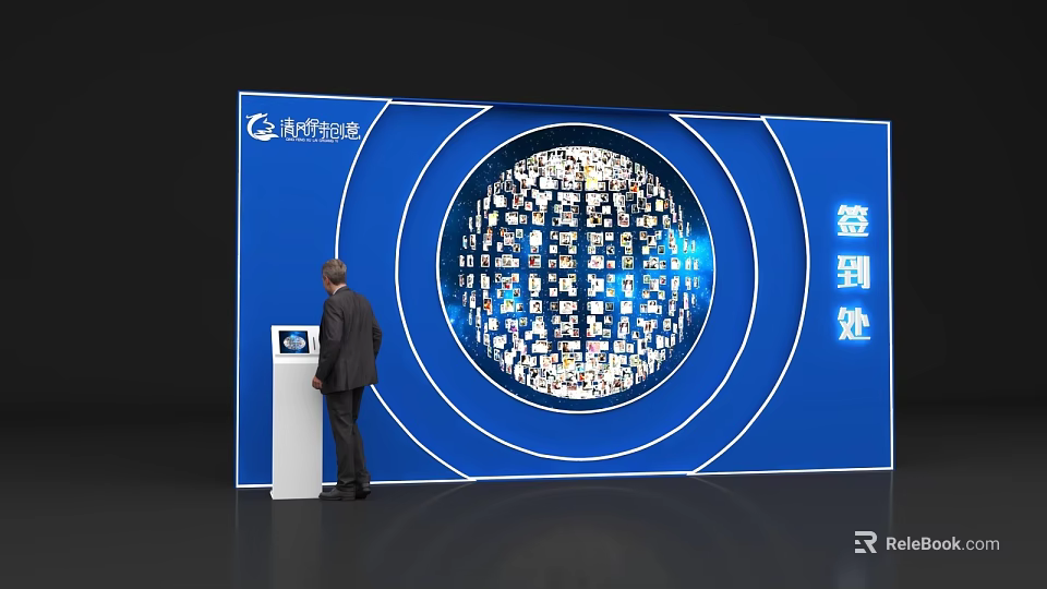 Global Themed Check-in Counter With World Map Design And Person Registering 3d model 