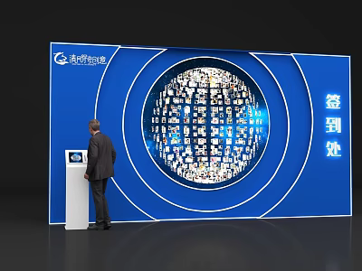 Global Themed Check-in Counter With World Map Design And Person Registering 3d model