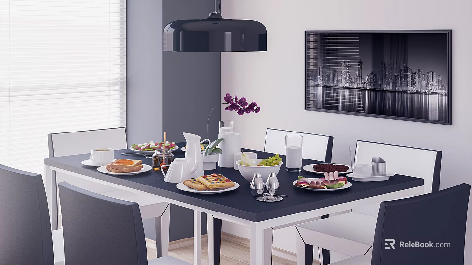 Modern Dining Table Set with Chairs Pendant Light Tableware Fruits Purple Flowers and Cityscape Art 3d model 
