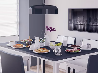 Modern Dining Table Set with Chairs Pendant Light Tableware Fruits Purple Flowers and Cityscape Art 3d model
