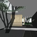 Modern Garden Landscape Design with Lush Trees and Architectural Entrance Structure Near High Rise Building