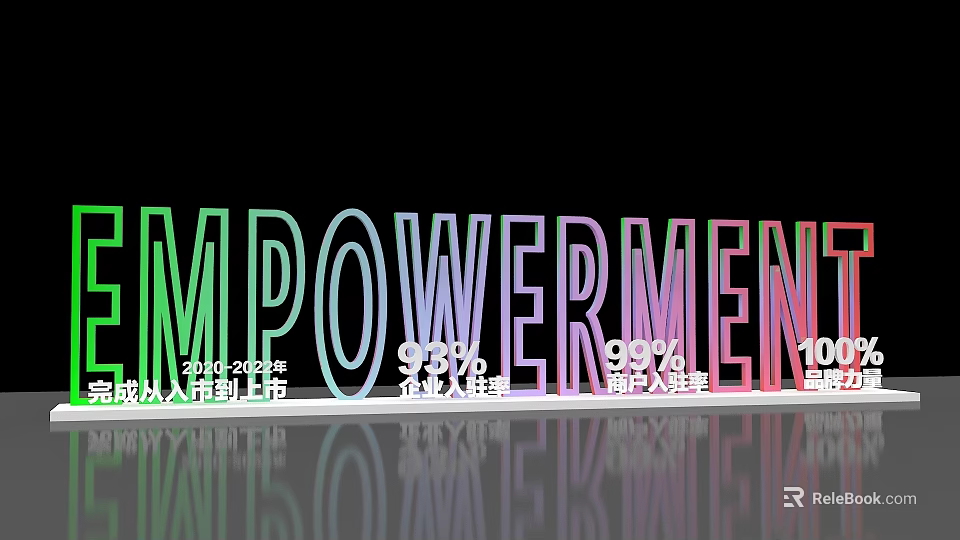 Vibrant 3D Text Empowerment Featuring Percentage Data And Reflection On Black Background 3d model 